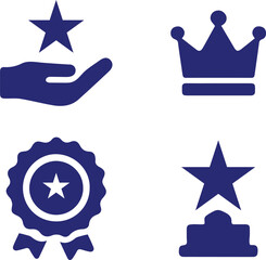 Achievements and Recognition Icons Hand Holding Star, Crown, Badge with Ribbon, and Star Trophy in Simple Blue