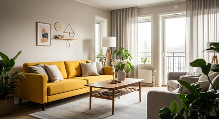 Bright, inviting modern living room showcases a vibrant yellow sofa and natural light.