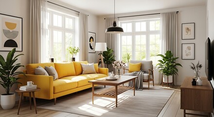Sunlit modern living room with bright yellow sofa and minimal decor creates cozy ambiance.