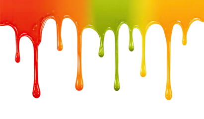 Colorful drips of paint or liquid,  flowing downwards against a black background.  Vibrant hues of red, orange, yellow and green.  Visually dynamic and playful