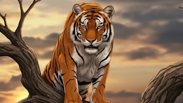 A majestic tiger perched on a bare tree branch against a cloudy sunset sky