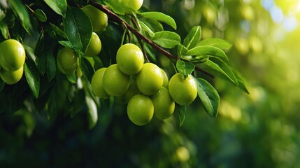 Cluster of ripe green cherries glistening with dew on a lush branch.
