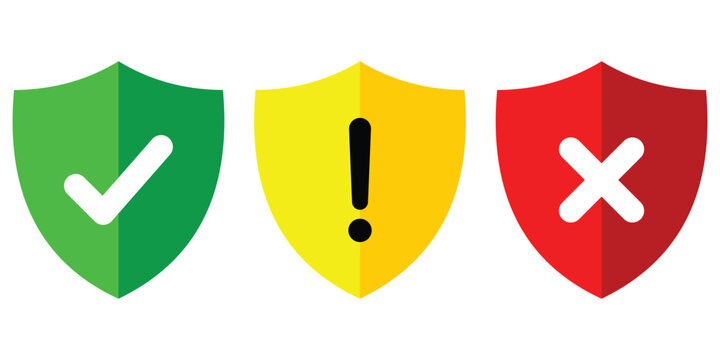 Safe, Caution, and Unsafe Shield Icon Set &ndash; Green, Yellow, and Red Warning Labels with Check, Alert, Cross Symbols &ndash; Vector Illustration for App or Website