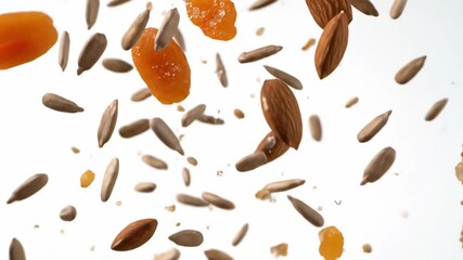 Nutty granola bar breaks apart releasing seeds and almonds in slow motion