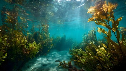 Fototapeta premium Sunlit Underwater Kelp Forest a Vibrant Marine Ecosystem with Shimmering Light
