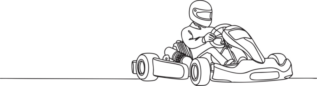 Continuous one line drawing of a karting driver racing in a go-kart, dynamic motorsport action in minimalist outline style vector illustration