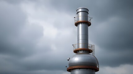 Obraz premium A tall polished metal industrial distillation column with exterior platforms set against a dramatic overcast sky