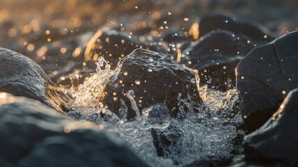 Ultra-detailed macro of water splashing on black volcanic rocks, silvery droplets mid-air, warm sunlight reflections, shallow depth, cinematic lighting, dramatic contrast, photorealistic nature scene.