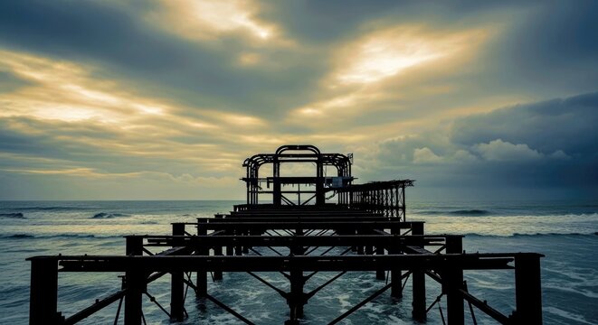 Abandoned Wooden Pier Over Twilight Ocean During a Stormy, Dramatic Day