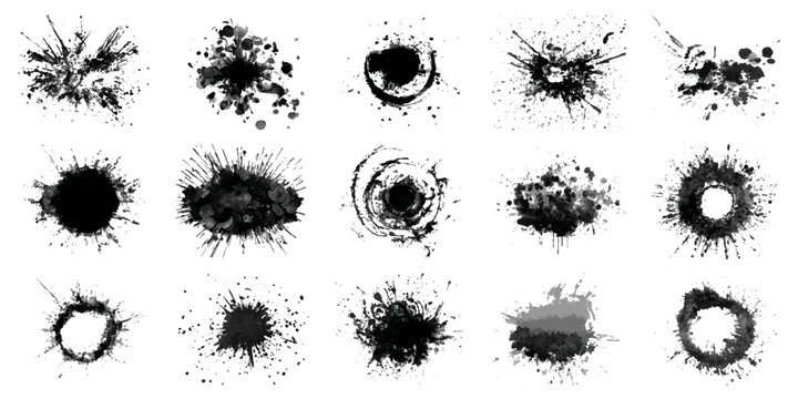 Abstract ink circle silhouette set with hand drawn brush lines artistic spatter texture .black and white vector collection of artistic round brushstroke shape background design .