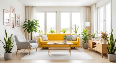 Bright and airy modern living room featuring a vibrant yellow sofa and lush plants.