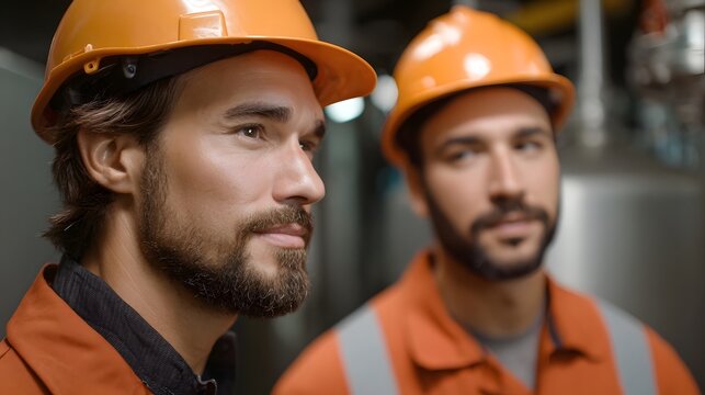 Two male technicians in orange safety gear and hard hats stand in an industrial facility inspecting equipment - Powered by Adobe
