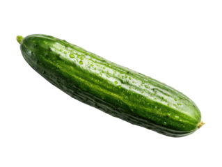 A single, whole cucumber, vibrant green, with visible water droplets, lies diagonally on a black background