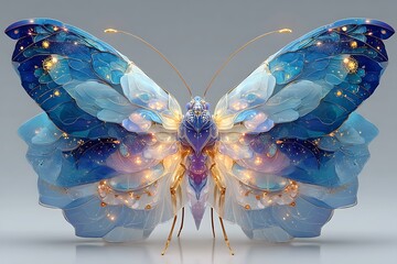 Magical glowing butterfly with golden and blue wings high resolution image