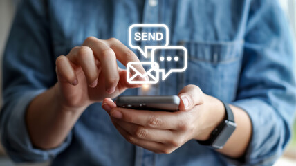 Hands holding smartphone with floating icons messages, email, social media, keys; blue denim shirt background, modern mobile technology, digital connection, soft blurred lighting.