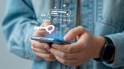 Hands holding smartphone with floating icons messages, email, social media, keys; blue denim shirt background, modern mobile technology, digital connection, soft blurred lighting.
