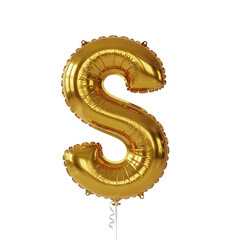 Realistic Gold Foil Balloon Letter S Isolated. 3D Metallic Uppercase Alphabet Font for Birthday Party, Anniversary & Holiday Celebration. Shiny Golden Mylar Typography Symbol.