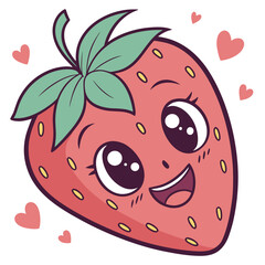 Cute strawberry cartoon character isolated on with hearts