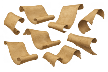 Old papyrus scrolls in various positions on a transparent background, representing historical records and retro education