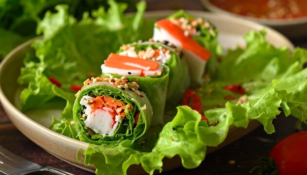 Fresh Crab Salad Rolls with Lettuce Wraps on a Plate.