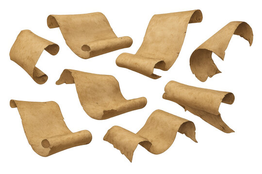 Old papyrus scrolls in various positions on a transparent background, representing historical records and retro education