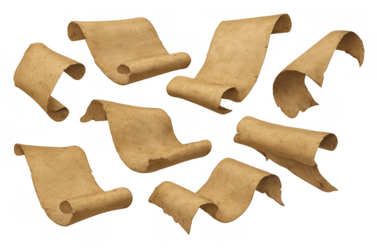 Old papyrus scrolls in various positions on a transparent background, representing historical records and retro education