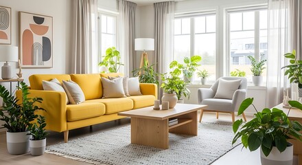 Bright, airy modern living room features a yellow sofa, natural light, and plants.