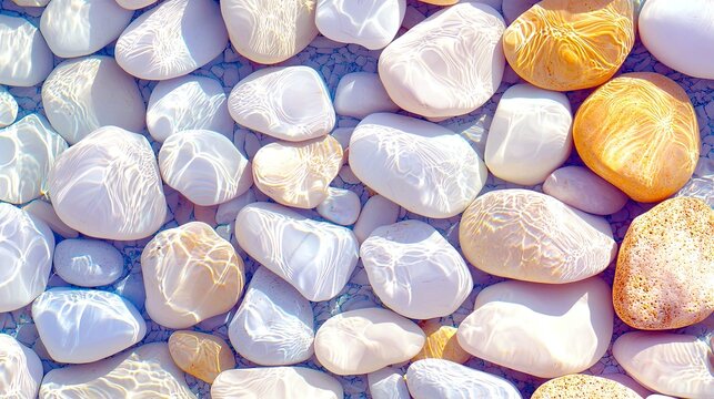A collection of smooth, rounded pebbles, mostly white and tan, submerged in clear water with sunlight creating rippling patterns.