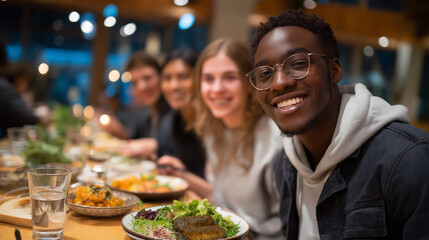 A group of international students gathering around a long wooden table, sharing homemade traditional dishes, trading recipes, and laughing as they compare flavors — a warm, multicultural food