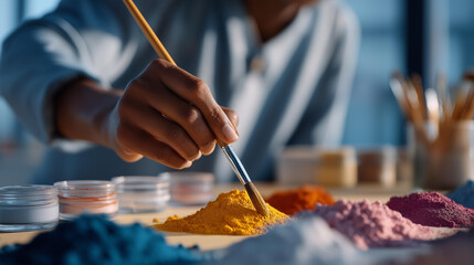 Obraz premium Close-up of hand dipping brush into vibrant pigments under natural light — representing artistic mindfulness, color exploration, and creative content for social media or lifestyle blogs. cinematic
