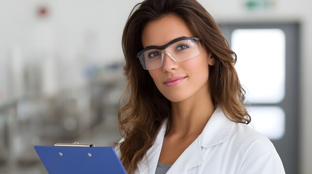 A confident female researcher in safety goggles and a lab coat holds a clipboard in a modern laboratory setting