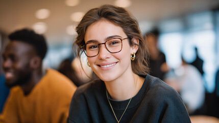 Office cafeteria filled with warm daylight as colleagues and the new employee share a relaxed welcome lunch — laughter, conversation, and community energy symbolizing belonging, inclusivity, and