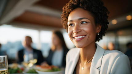 Office cafeteria filled with warm daylight as colleagues and the new employee share a relaxed welcome lunch — laughter, conversation, and community energy symbolizing belonging, inclusivity, and