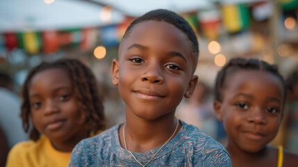 A multicultural neighborhood gathering at a block party, children playing with flags and decorations from many countries — community unity, cultural pride, and local diversity. cinematic color