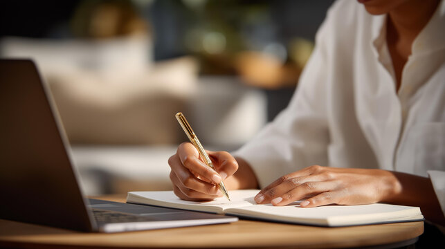 A hand writing goals in a minimalist planner beside a laptop — productivity system, time management strategies, personal development practice, and modern journaling habits. cinematic color