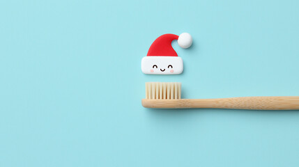 cute christmas toothbrush with smiling face and santa hat for holiday dental clinic promotions, kids oral-care campaigns, festive healthcare posters, winter marketing banners and social media greeting