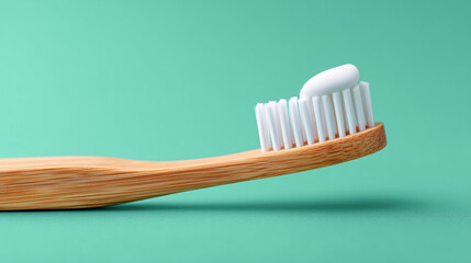 bamboo toothbrush with toothpaste on bristles for eco-friendly dental care advertising, oral hygiene promotions, sustainable lifestyle blogs, zero-waste product packaging and healthcare banners