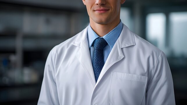 Professional scientist in a lab coat with a tie smiling confidently in a research setting