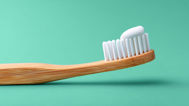 bamboo toothbrush with toothpaste on bristles for eco-friendly dental care advertising, oral hygiene promotions, sustainable lifestyle blogs, zero-waste product packaging and healthcare banners