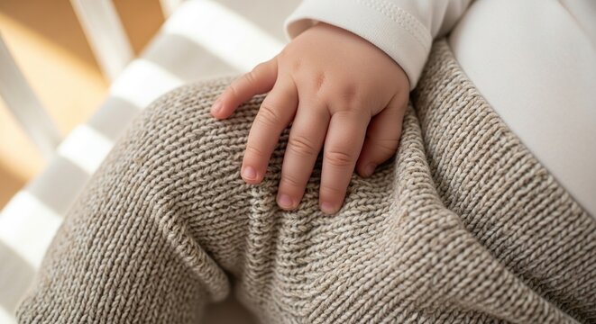 Baby hand resting on soft blanket in crib newborn care parenting and childhood development concept