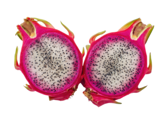 Two halves of a dragon fruit, vibrant pink skin, displaying a white flesh dotted with small, dark seeds