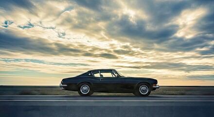 Classic Black Coupe Driving on Open Road at Sunset with Dramatic Sky