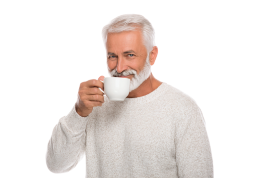 Senior having breakfast tea isolated on transparent background