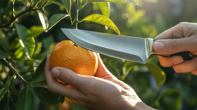 Hyper-realistic close-up of hands harvesting glossy ripe yellow orange with silver knife, lush green leaves, soft bokeh background, warm sunlight, professional photography. - Powered by Adobe