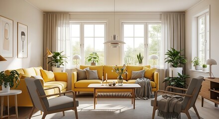 Bright, sunlit living room featuring a yellow sofa and curated modern decor elements.