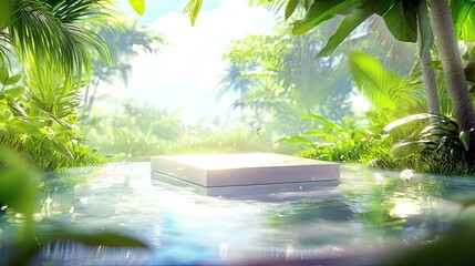 A square podium sits in shallow water surrounded by lush green tropical foliage and palm trees under a bright sky.