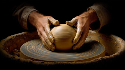 Hands shaping clay on pottery wheel close-up