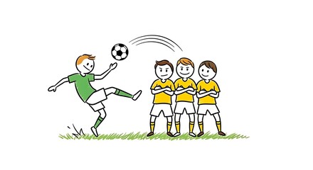 Fototapeta premium Cartoon illustration of a soccer player kicking a ball over a wall of players.
