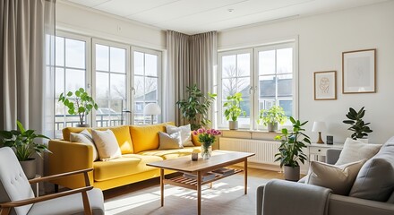 Sunlight streams into a modern living room highlighting a bright yellow sofa with pillows.
