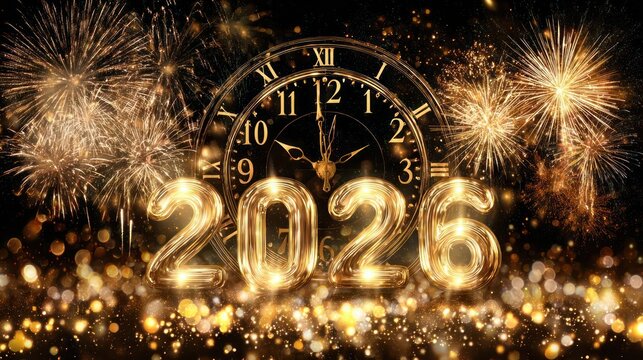 Golden 2023 numbers illuminated by sparkling fireworks and a vintage clock face at midnight celebration